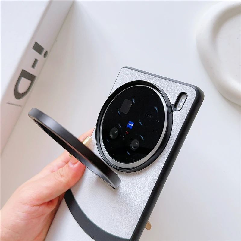 Invisible Bracket Case For VIVO X100 Ultra Shockproof PU Leather+Metal 2in1 Camera Lens Protective Back Cover For VIVO X100Ultra