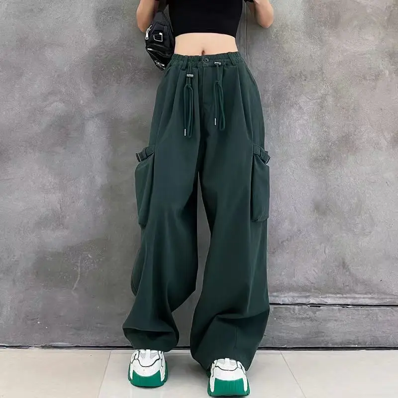 

Streetwear Fashion Women Solid Cotton Cargo Pants Elastic Waist Hip Hop Vintage Wide Leg Straight Oversize Loose Casual Trousers