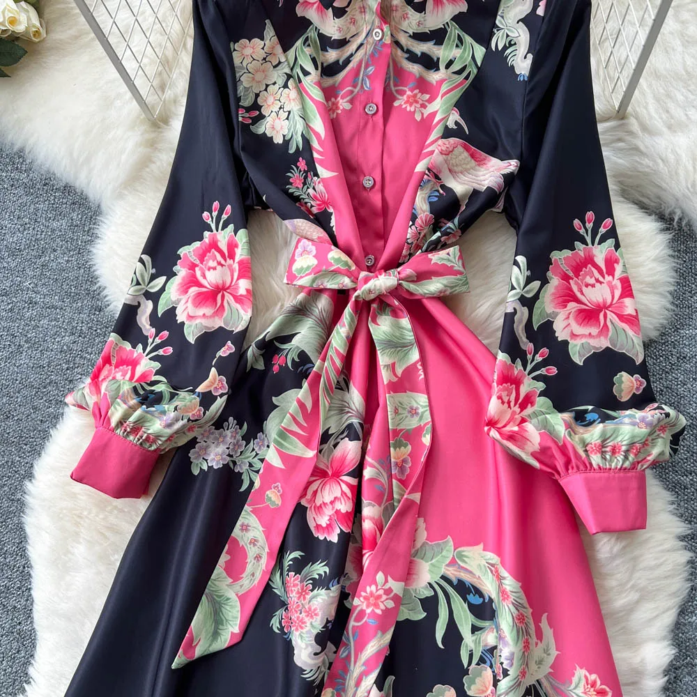 2025 Contrastสีดอกไม้พิมพ์ชุดMaxiยาวผู้หญิงเสื้อเดี่ยวBreasted BANDAGE Sashes VINTAGEวันหยุดVestidos