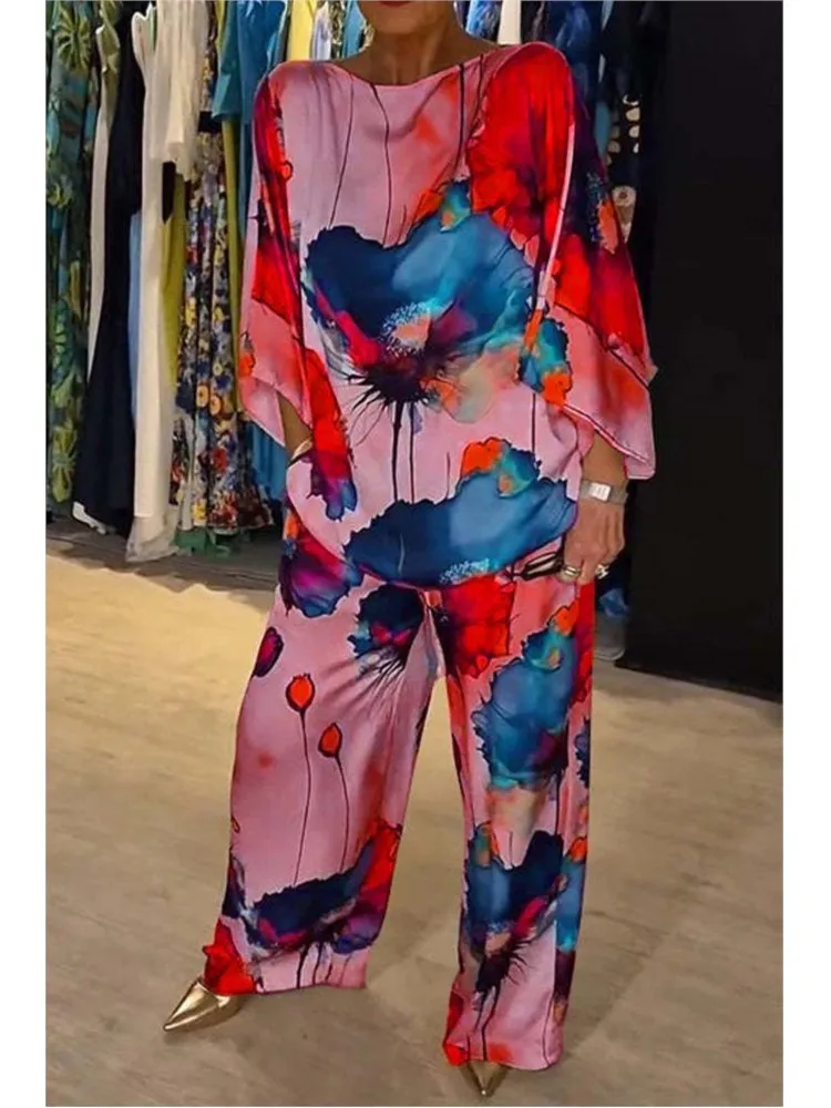 2024 Summer Fashion Printed Satin Two Piece Sets Women Sexy Round Neck 3/4 Sleeved Top Wide Leg Long Pants Casual Two Piece Set