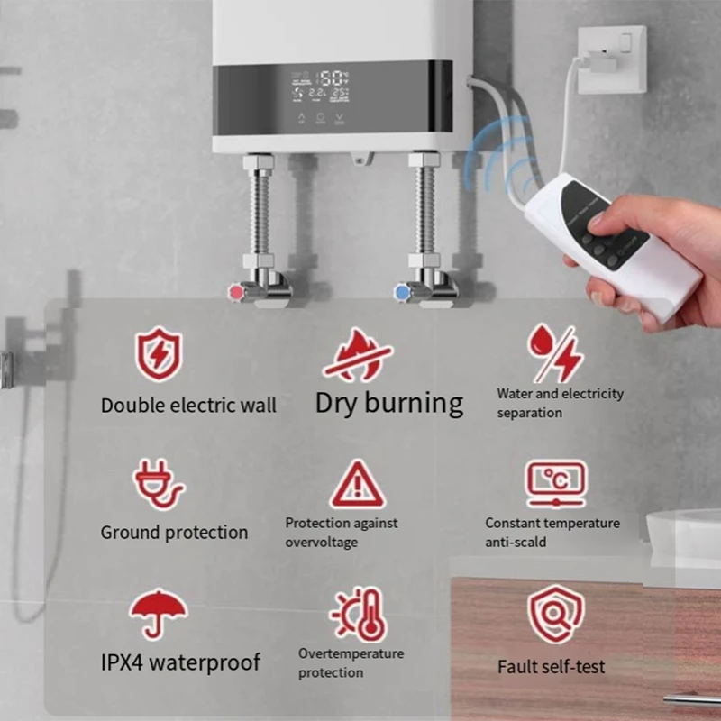 Calentador de agua eléctrico, calentador de agua caliente instantáneo con Control remoto, válvula reguladora de temperatura del agua pantalla táctil LCD