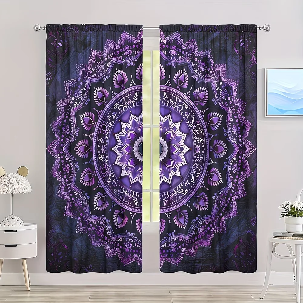

2Pcs Curtains Purple And Black Mandala Pattern Window Drapes for Bedroom Room Decor Decoration Window Treatment.
