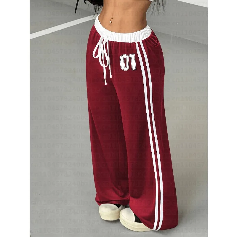 Girls Wide Leg Track Pants Number 01 Print Side Stripe Elastic Drawstring Waist Kids Casual Sporty Pants