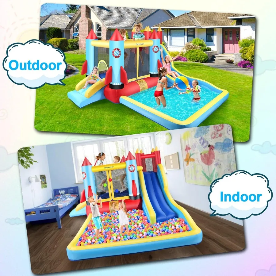 Springkasteel, opblaasbaar springkasteel met ventilator voor kinderen van 3-10, waterpark voor buiten/binnen (146" x 132" x 81")