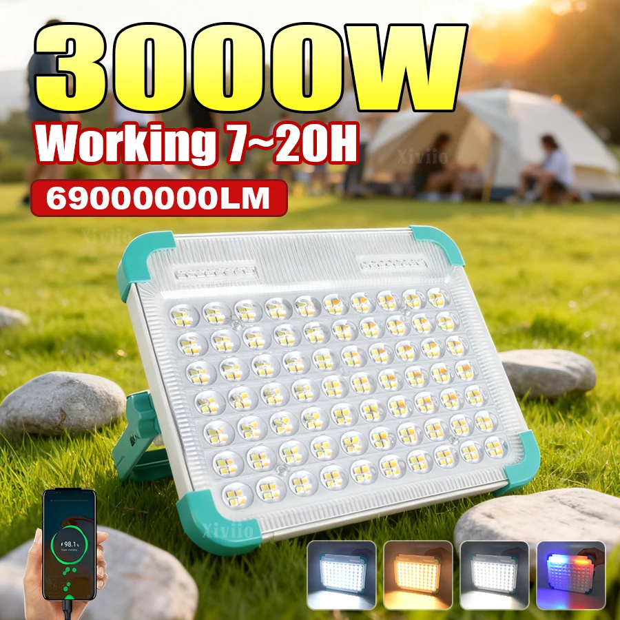 3000W Use 20h Solar Lamp Outdoor Camping Lantern Led Tent Light Rechargeable Floodlight Power Bank Strong Magnet Emergency Light