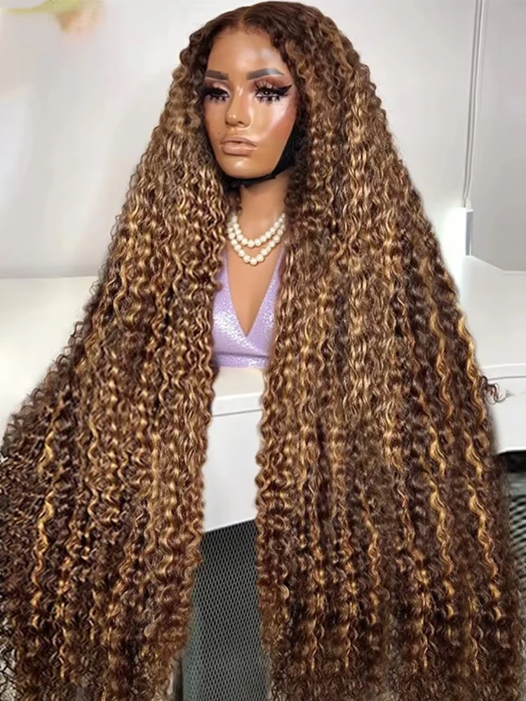 250% Density Wet and Wavy Lace Frontal Wigs Bleached Knot Highlight Brown Wig 13x4 HD Transparent Human Hair Deep Wave Frontal Wig Hd Lace Wigs 30 36 Inch Burmese Curly Wigs P4/27 Colored Water Wave 13x6 Full Lace Wig
