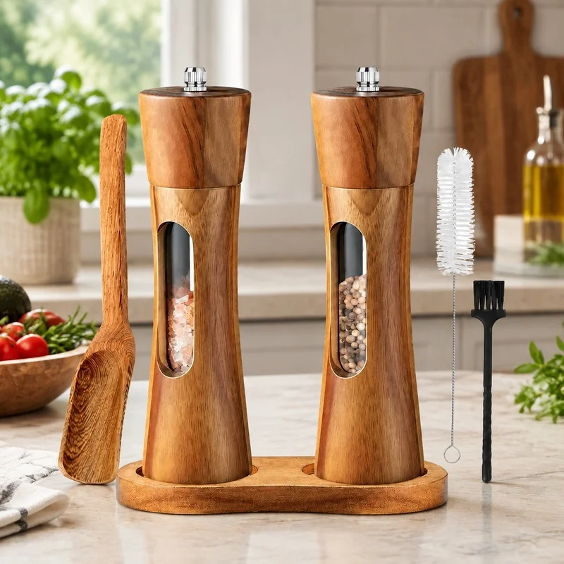 8-Inch Wooden Spice Mill Set Featuring Ceramic Grinding Mechanism, Clear Viewing Window, and Stable Base for Salt & Pepper