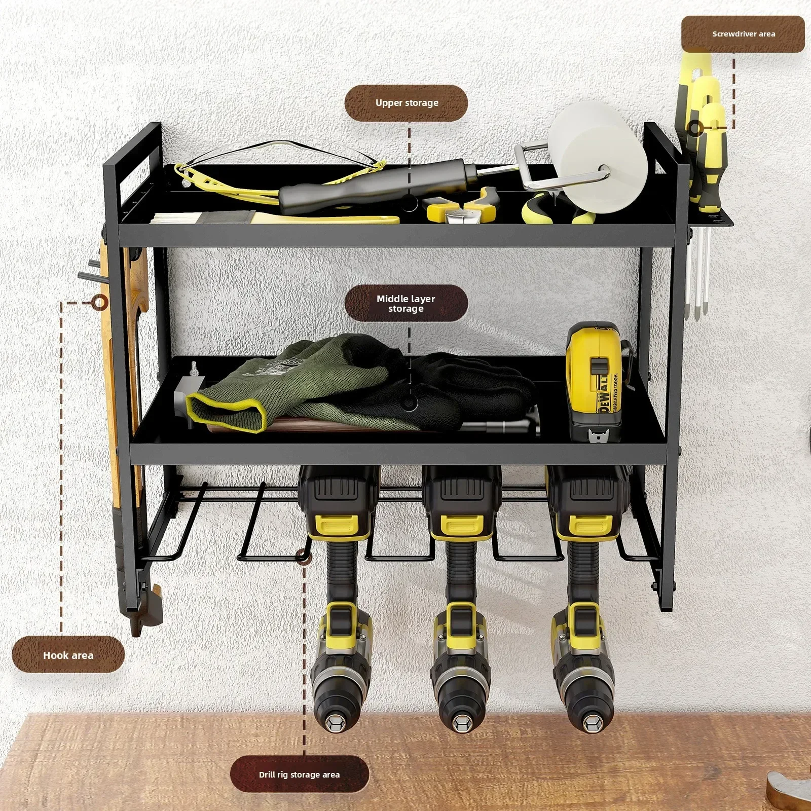 Multi-functional Wall Mounted Power Tool Storage Rack Heavy Duty Floating Storage Rack Hand Drill Screwdriver Tool Shelf