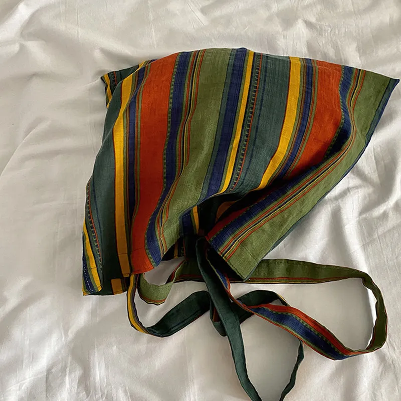 Ladies Bohemian Striped Linen Tote Bag Large Capacity Casual Shoulder Bag Daily Handbag for Daily Commute Shopping Travel
