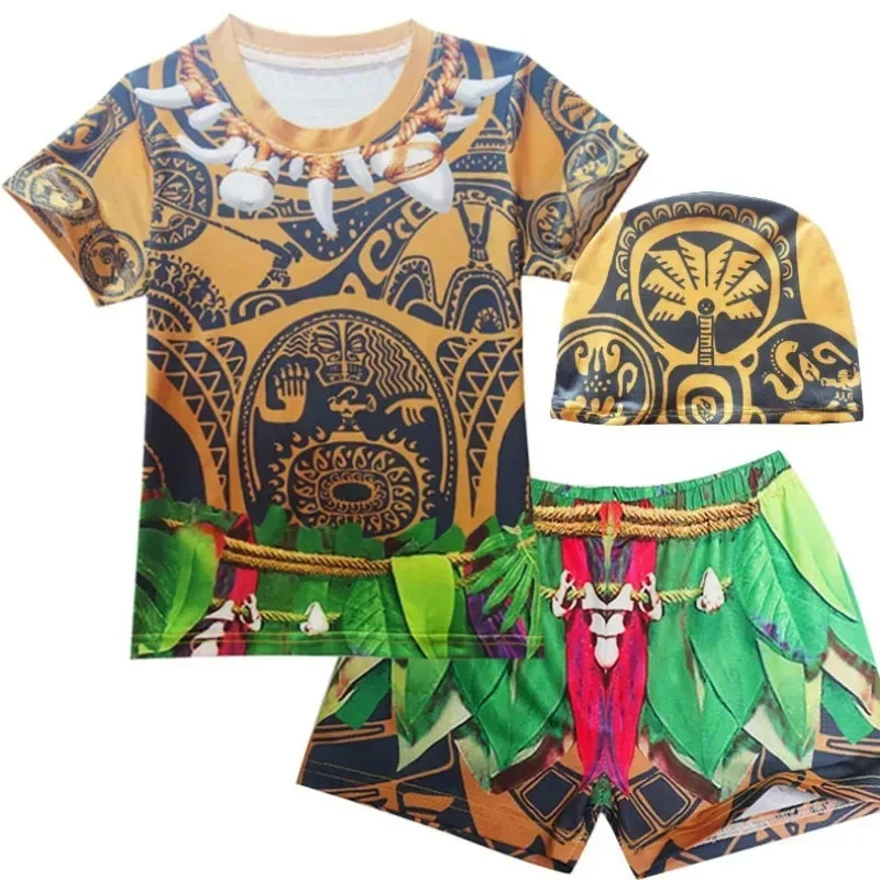 ♥   Nouveau Costume de Bain Enfant Garçon 2026 Thème Océan Manches Courtes Moana Cosplay Maui Chemise Short Pantalon Bonnet de Bain CanCos