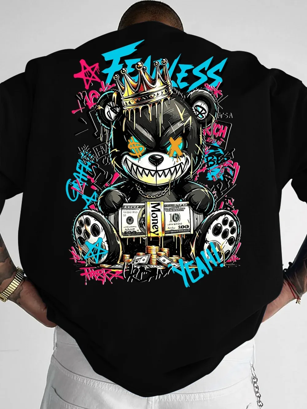 American men's summer teddy bear wealth letter graffiti print comfortable and breathable round neck T-shirt outdoor street top