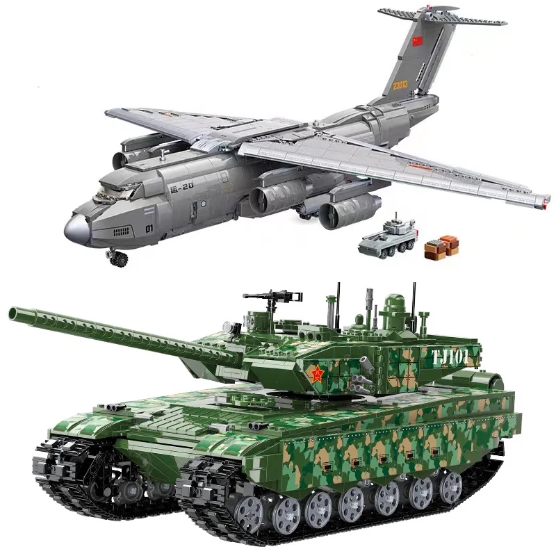 Military Y-20 Large Transport Aircraft Model Building Blocks Type 99A Main Battle Tank Plane Bricks WW2 Army Airplane Toys