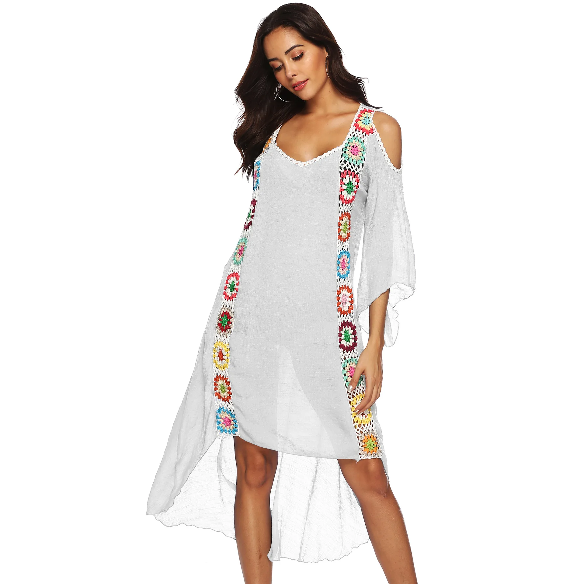 Off Shoulder Long Beach Dress Women Swimwear Bikini Cover-up Strip Color Crochet Patchwork Irregular Flare Sleeve Multi-Color
