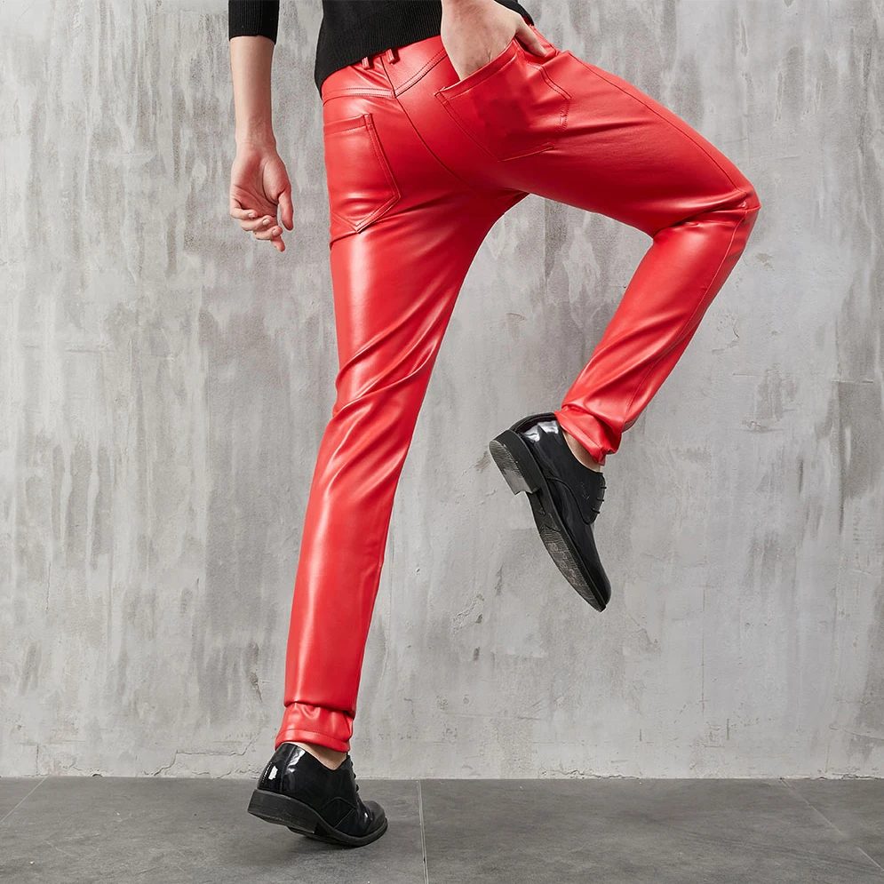 Men\'s Leather Pants Skinny Fit Stretch Fashion PU Leather Trousers Nightclub Party & Dance Pants Thin