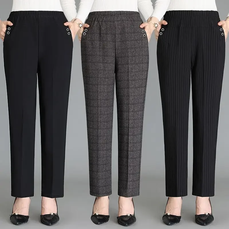 

Korean Fashion Women Vintage Slim Pants Spring Autumn Streetwear New Elastic High Waist Stripe Plaid Straight Casual Trousers