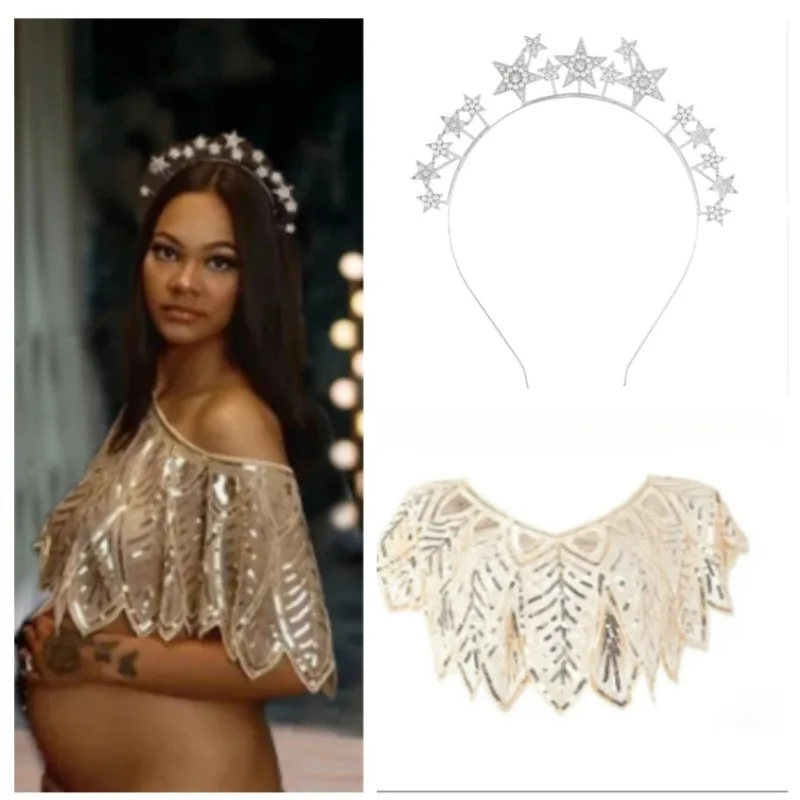 

2pcs/ Maternity Sequin Body Cape Set with Star Headpiece, Boudoir Photoshoot Shawl for Baby Shower, Pregnancy Glitter Cape bebe