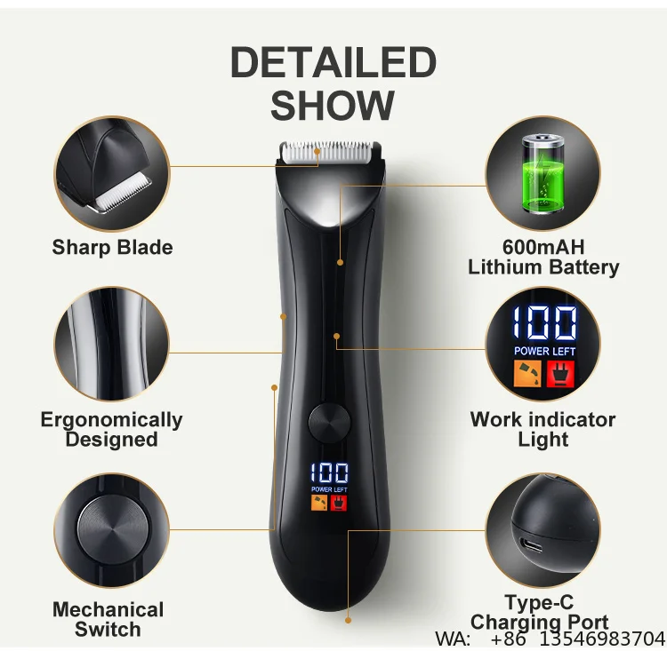 Factory Price 90Min Using Time High Power 6500RPM Low Noise Type-C Rechargeable Groin Pubic Body Hair Trimmer