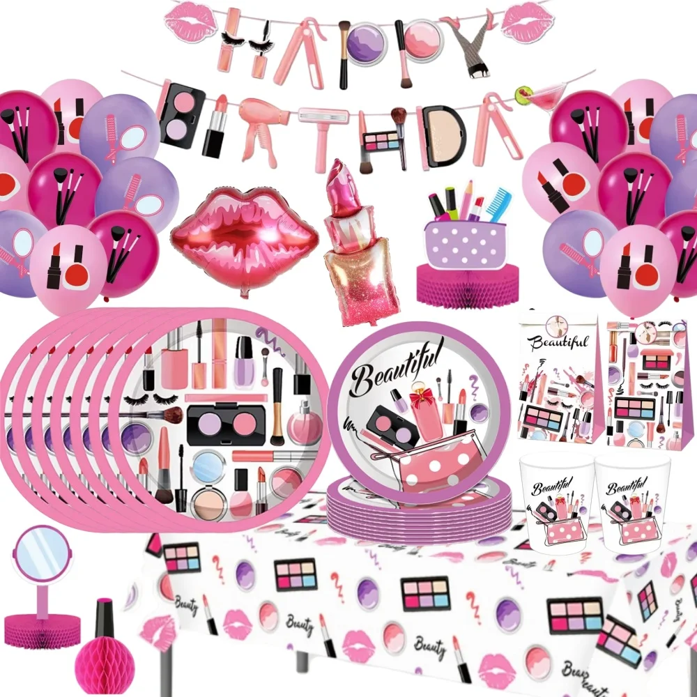 Spa Make-up Geburtstagsparty-Zubehör Kosmetik Mädchen-Geschenke Tischgeschirr Teller Becher Luftballons für Mädchen-Geburtstagsfeier Hochzeitsdekoration