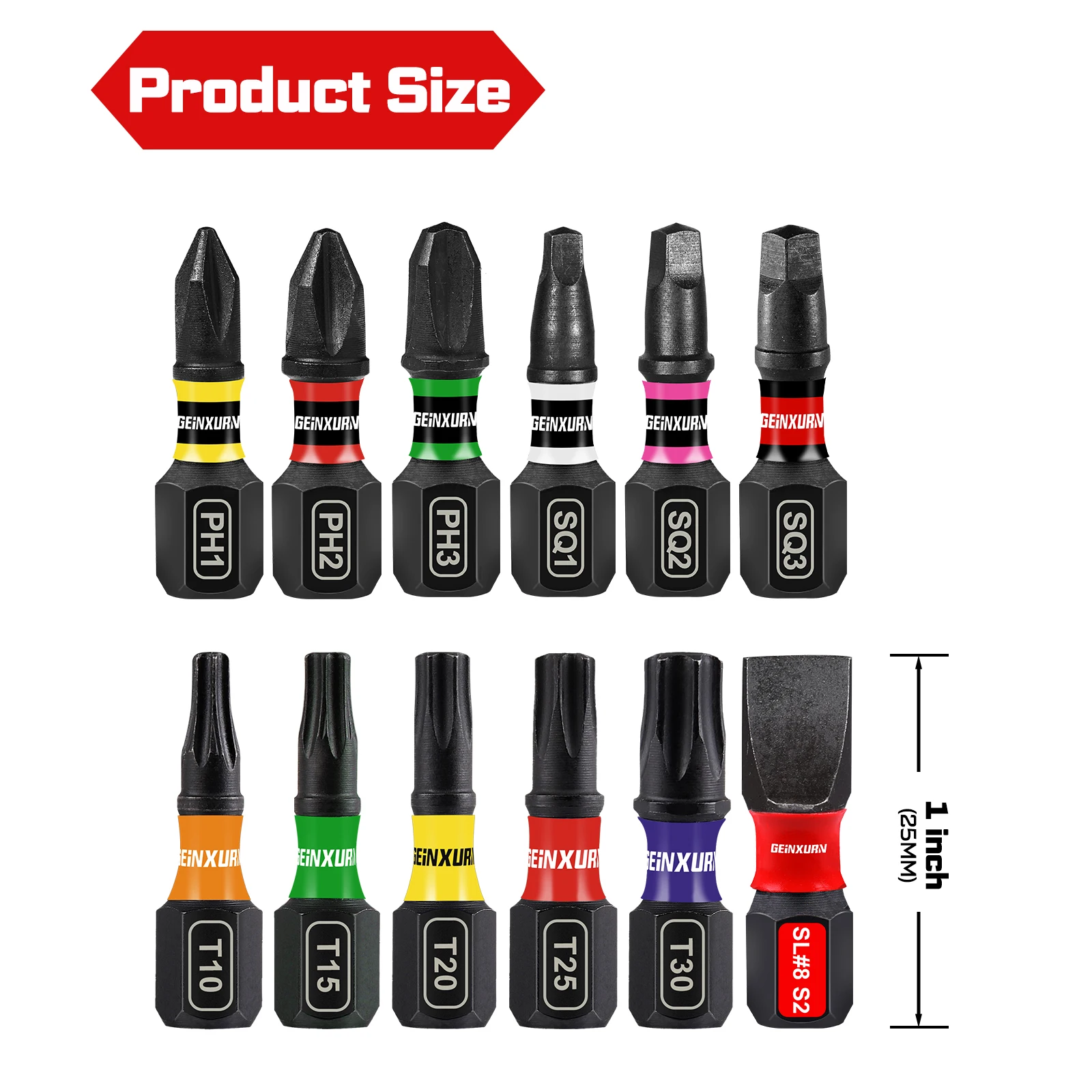 Geinxurn 13PCS Impact Phillipes/Square/Slotted Screwdriver Bits Set,1'' Magnetic S2 Steel Bits Set with Color Coded Base