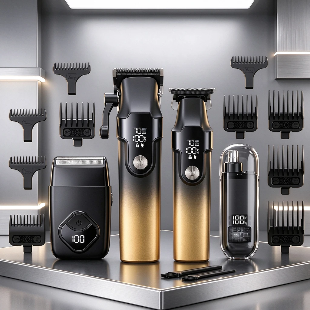Professional Hair Clipper Set for Men, Rechargeable Electric Trimmer with Foil Shaver & Nose Trimmer, LCD Display Grooming Kit
