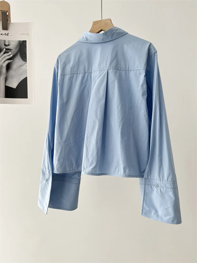 Cotton Women Turn-Down Collar Blouse Loose Covered Buttons Simple New 2024 Spring Female Shirt with One Pocket