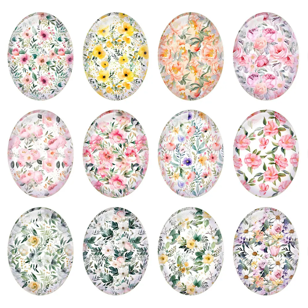 Random Mixed Round/Oval/Square Pink Yellow Rose Wildflower Photo Glass Cabochon Flatback Demo Cameo For Diy Jewelry Making
