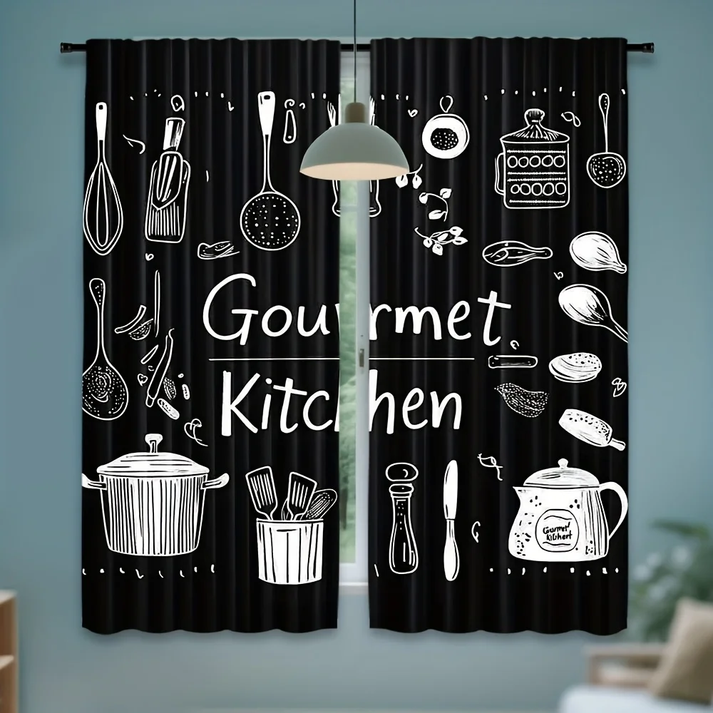Blackboard Kitchen Utensils Curtains Gourmet Chef Theme Drape with Spoon Pot Print for Cooking Space Decoration