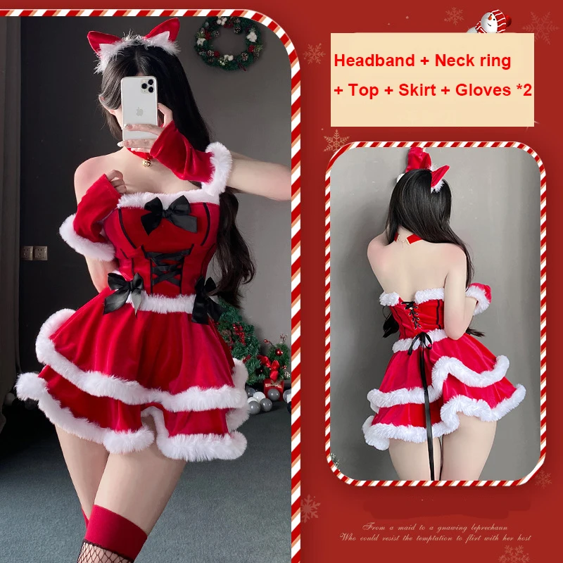 High Quality Women Christmas Dress Sexy Red Christmas Costumes Miss Santa Claus Uniform Xmas Cosplay Costume Lace-up Top + Skirt