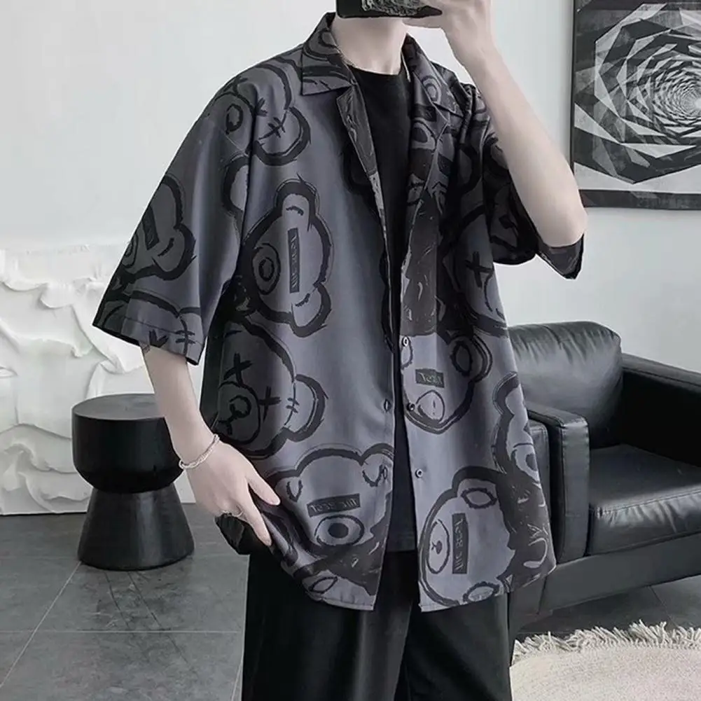 Daily Shirt Long-sleeve Casual Shirt Stylish Men's Ice Silk Printed Shirt with Button-down Design for Summer Vacation for A