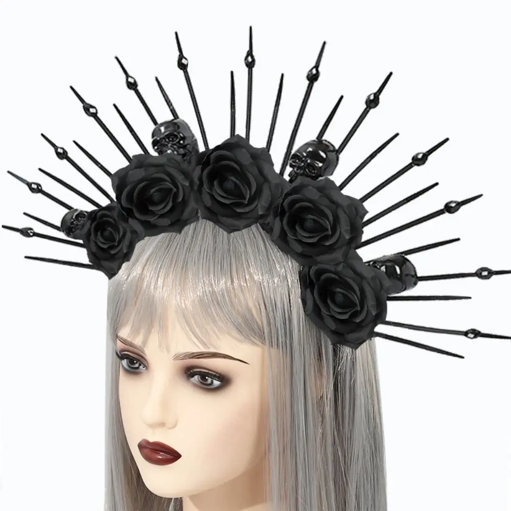 Party Attire Skull Rose Veil Headband Gothic Queen Skull Halloween Skull Hair Hoops Black Rose Plastic Gothic Flower Hair Hoops