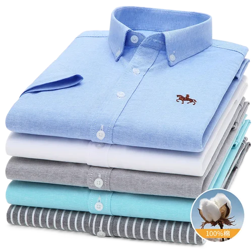 Imagen 1 del producto Camisa Oxford 100% de algodón para hombre, camisa informal de manga corta con bordado de caballo sin bolsillo y camisa sólida de talla grande S-6XL
