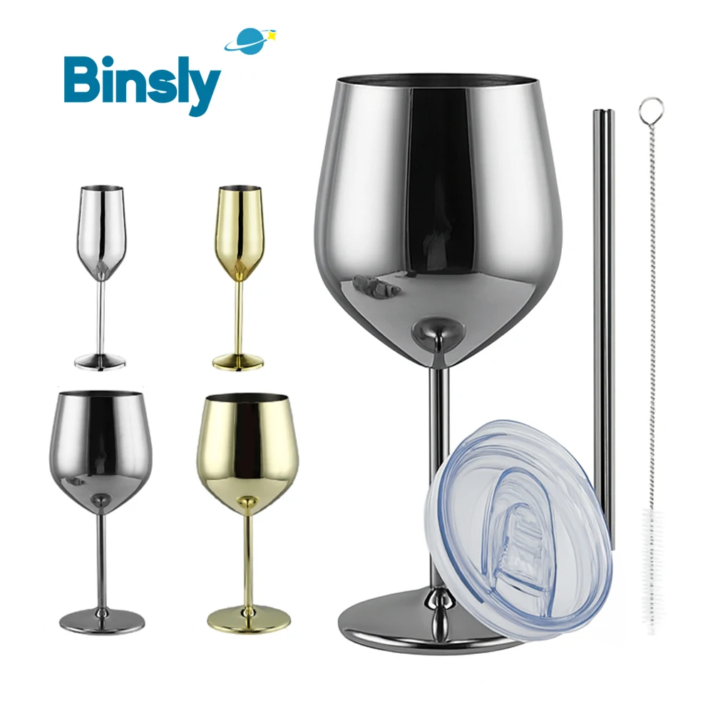 

Luxury Metal Wine Glass with Lid and Straw Stainless Steel Goblet 7oz Champagne Flutes Red Wine Glasses for Party Wedding Event
