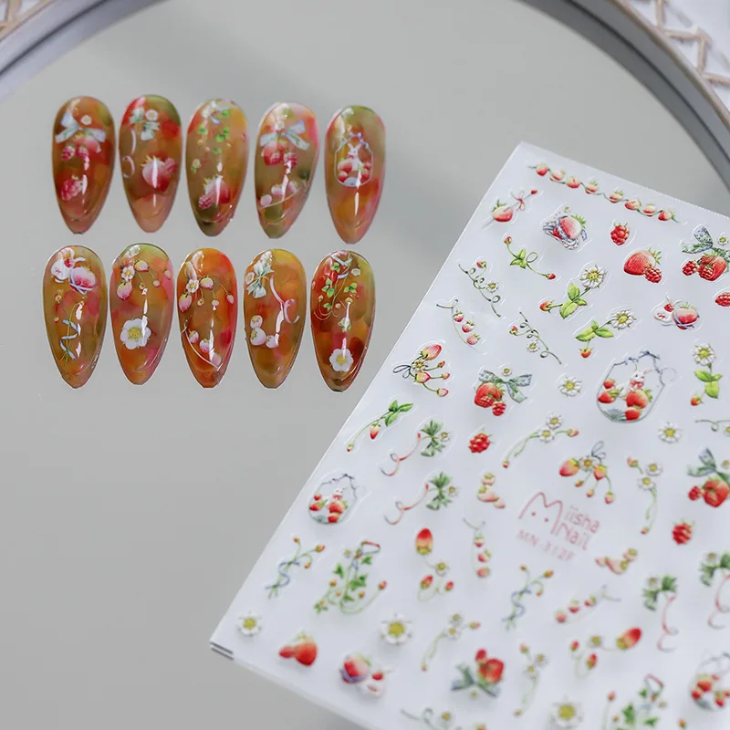 Sweet Red Wild Strawberry Flower Bunny 5D Soft Embossed Reliefs Self Adhesive Nail Art Stickers Lovely Rabbit 3D Manicure Decals