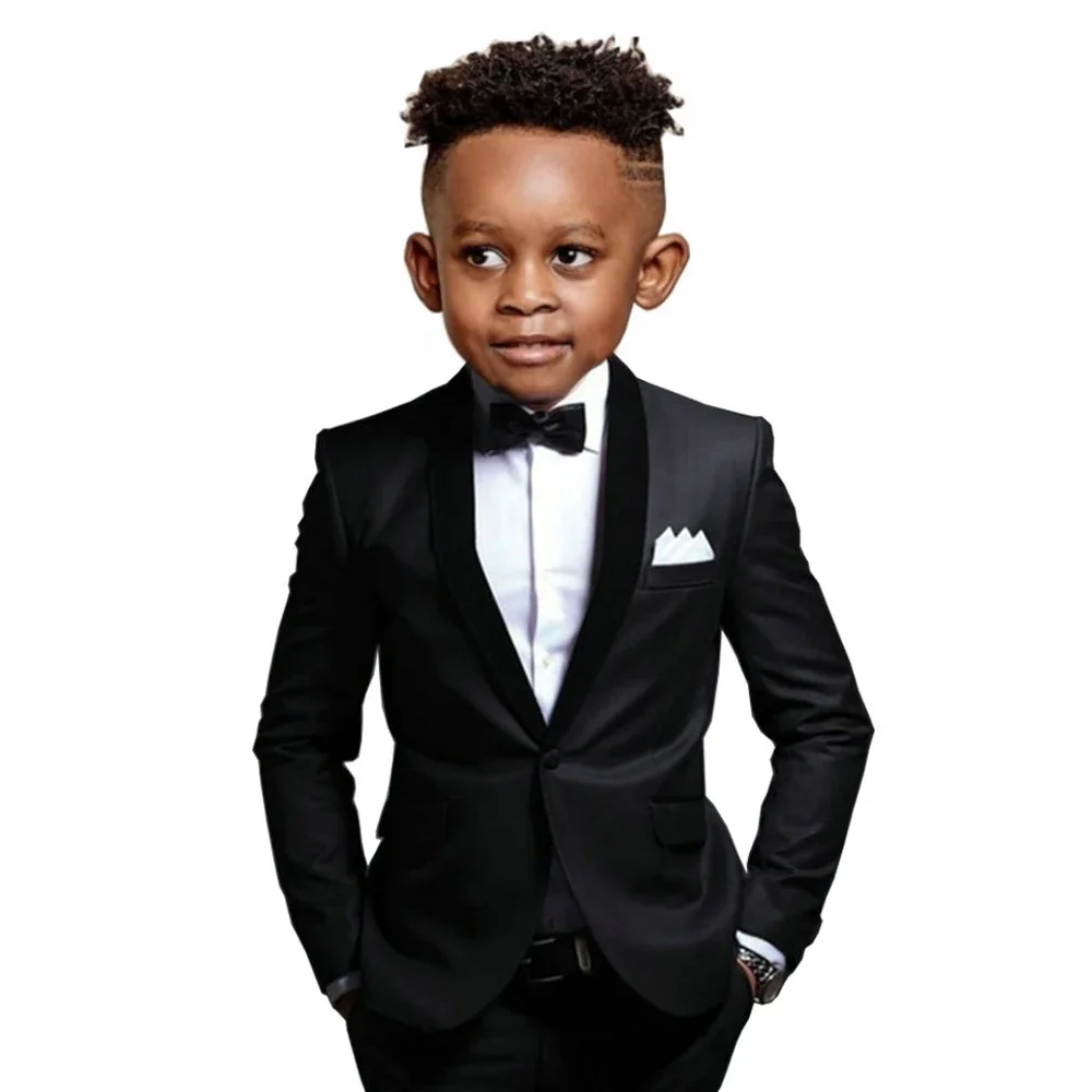 Black Boys Suits 2 Piece Set Formal Wedding Tuxedo Fashion Clothes for Kids Velvet Shawl Lapel Blazer Child