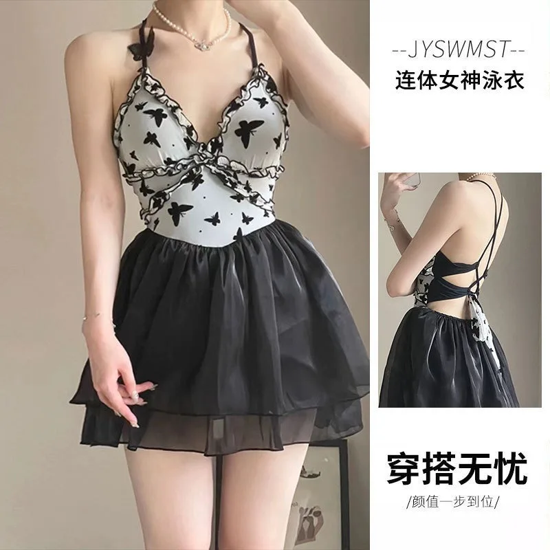 swimsuit women's new models, one-piece neck sexy backless, high-end conservative and thin belly cover, hot spring swimsuit