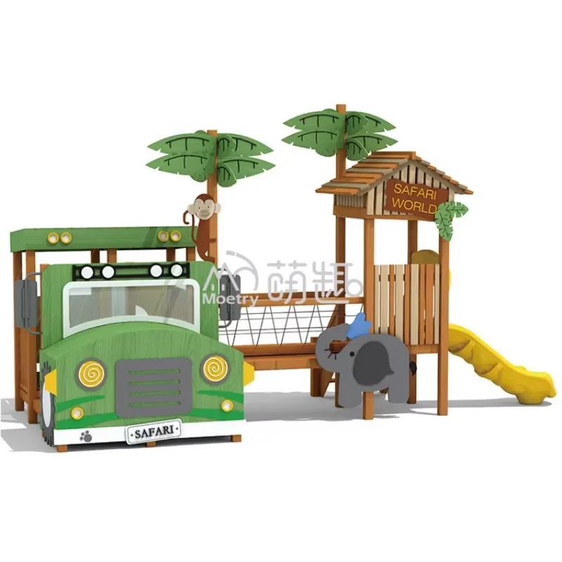 Moetry Safari World Jungle Theme Parque infantil de madera al aire libre Juegos para niños con tobogán de plástico Bus Playsets Parque Infantil