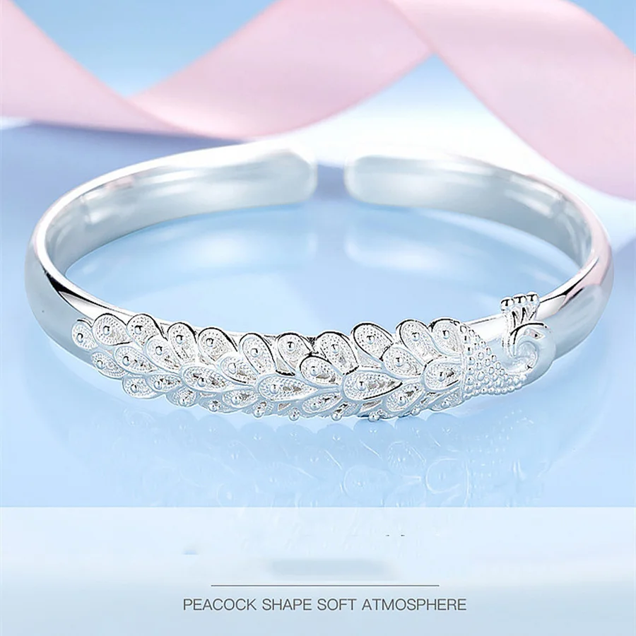 Pulsera de plata de ley 925 para mujer, brazalete elegante con apertura de pavo real, accesorios de boda, regalo de joyería