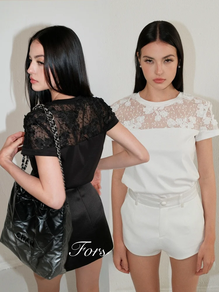

l Breathable Han Haax Silk Cotton Lace Embroidery Patchwork Top Women's Summer T-irt round Ne ort Sve