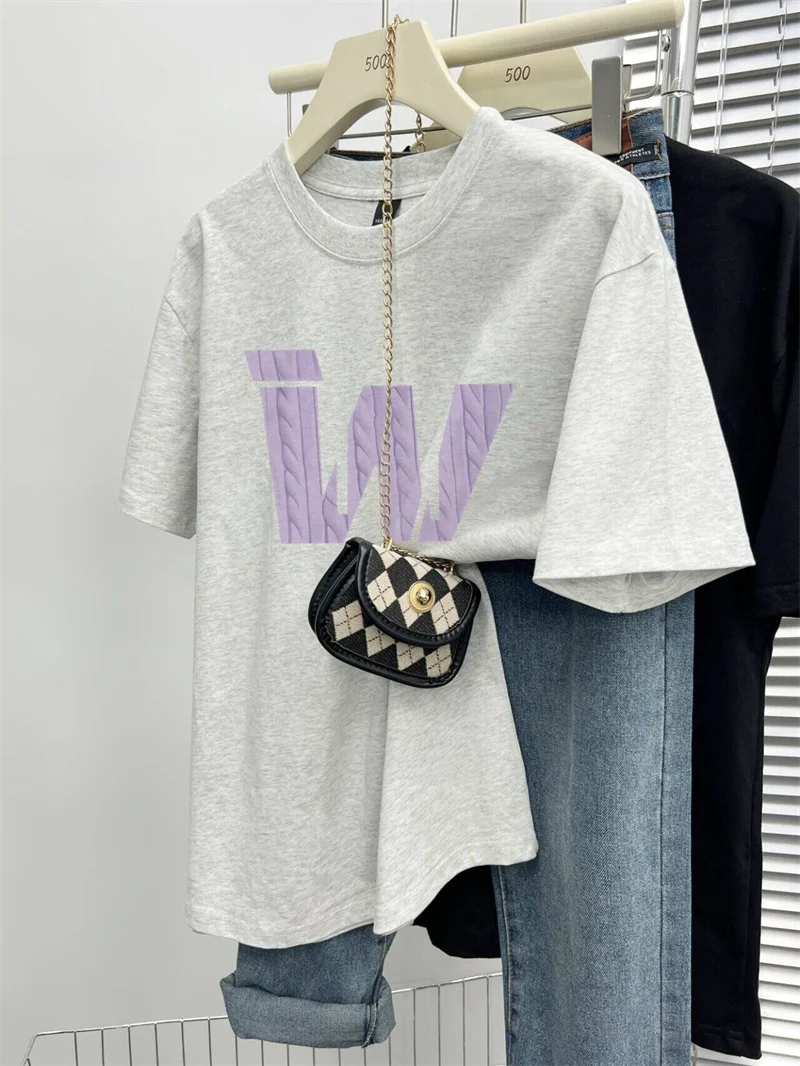 

Американская модная футболка оверсайз из чистого хлопка с буквенным принтом для женщин, весна-лето, с коротким рукавом, дизайн Half Sl...