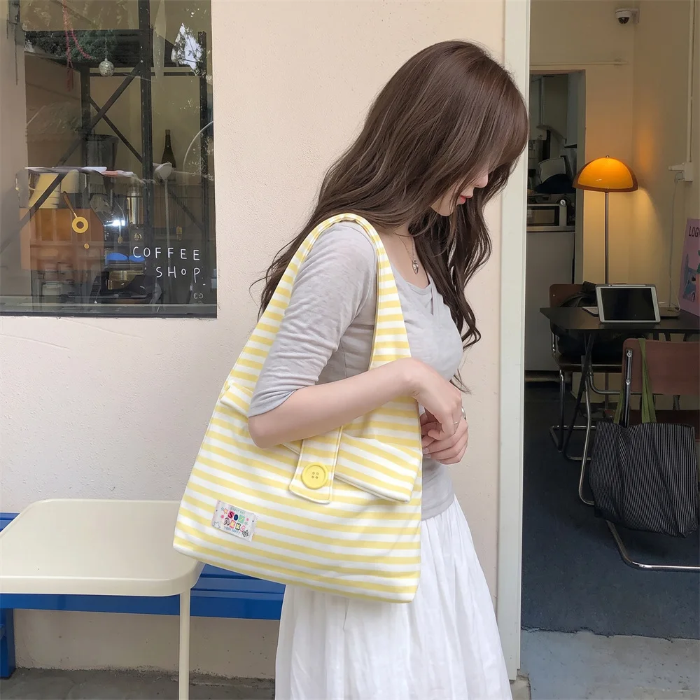 Macaron Striped Button Tote Bag Soft Knitted Shoulder Bag Student Large Capacity Casual Tote Bag