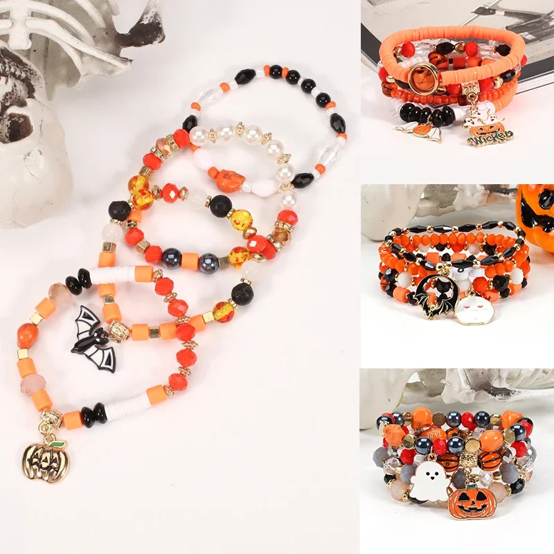 多層弾性ビーズブレスレット、カボチャゴースト、スパイダーペンダント、積み重ね可能、手ひも、ストリングギフト、ハロウィーンパーティー
