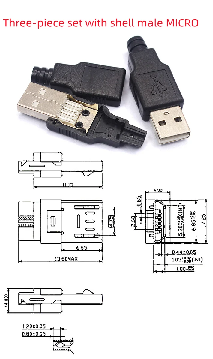 Ein Satz mit fünf USB-Stecker-Schnittstellen, MICRO-Stecker, Buchsenstecker mit dreiteiligem Gehäusesatz