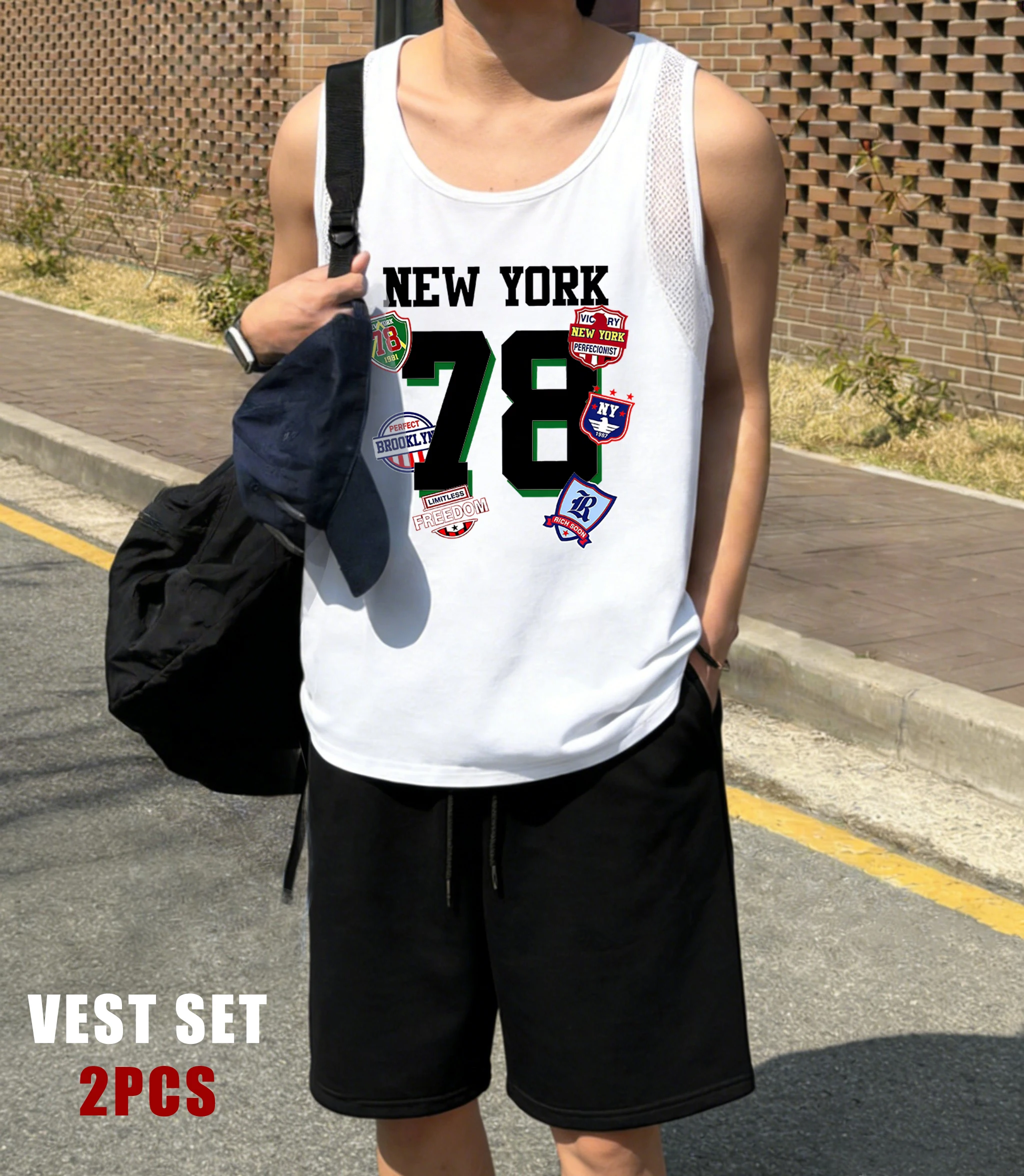 

New York Number 78 Design Men Reticular Vest Suit O-Neck Sleeveless Tee Soft Drawstring Sweatpants Summer Unisex Sportset