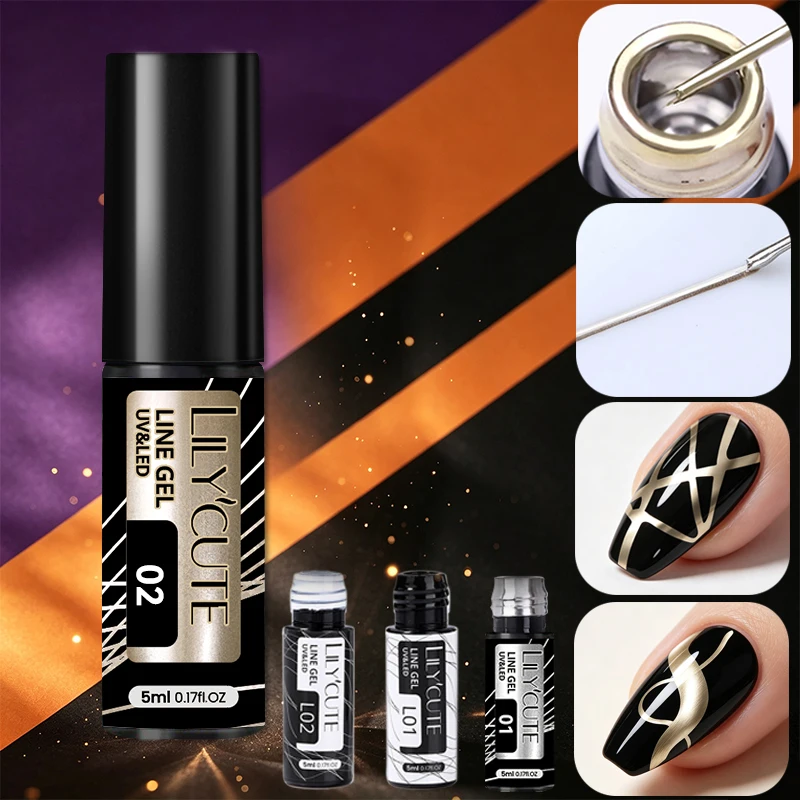 LILYCUTE 1/4Pcs Metal Liner Gel Nail Polish Gold Silver Metallic Drawing Painting Gel Halloween Spider Web Line Nail Art Gel