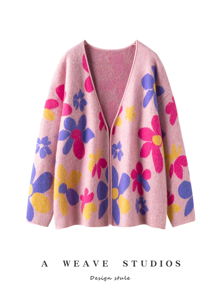 

ADDONEE Women 100% Cashmere Sweater Jacquard Design V-neck Cardigan Coat Thick Chic Flower Knit Cashmere Clothes Autumn Winter