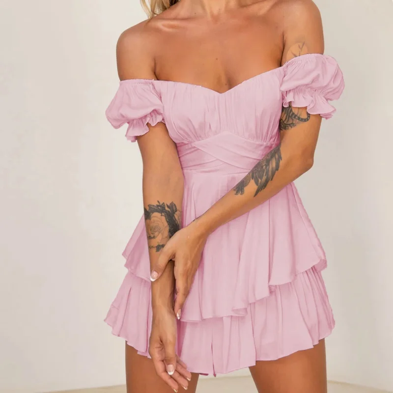 Summer Women's Sexy Solid Short Sleeve Playsuits Famale Slash Neck Off Shoulder Lantern Sleeve Ruffle Jumpsuit PA920