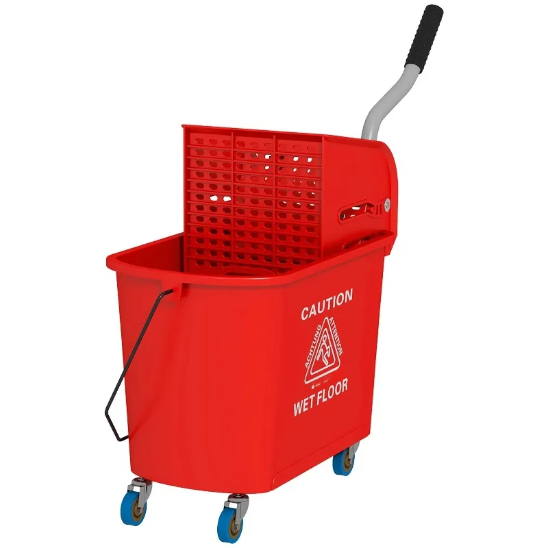 

Floor cleaning mop bucket with wheels and winch red independent dirty water purification system
