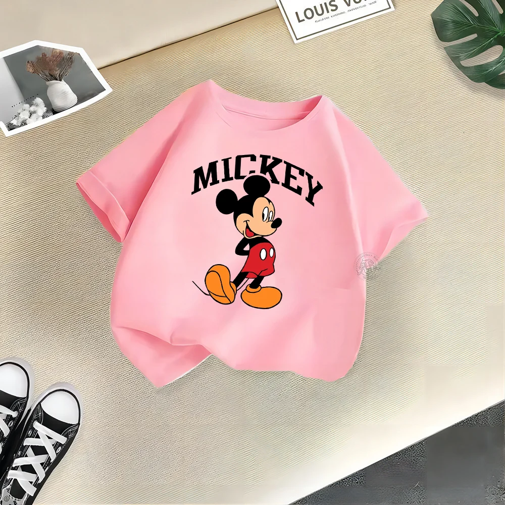 Disney Kids Clothing Summer 100% Cotton T-shirt Mickey Simple fashion printed crew neck T-shirt top Teen boys girls casual T-shi