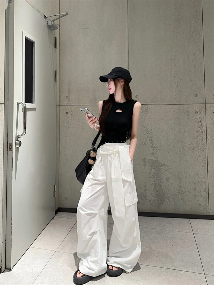 Conjunto dulce de verano para mujer, chaleco con cuello redondo irregular ahuecado, pantalones casuales versátiles de cintura alta, conjunto de dos piezas a la moda