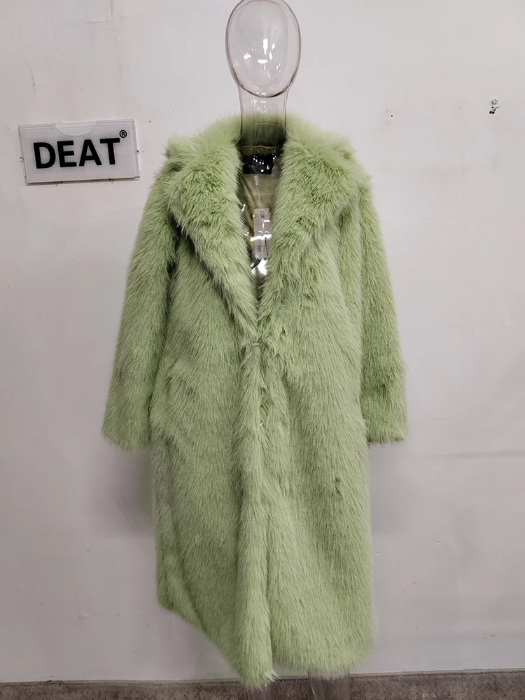 DEAT Fashion Women\'s Faux Fur Coat Lapel Loose Long Sleeve Fluorescent Green Thick Warm Plush Overcoat Winter 2022 New 7AB2448